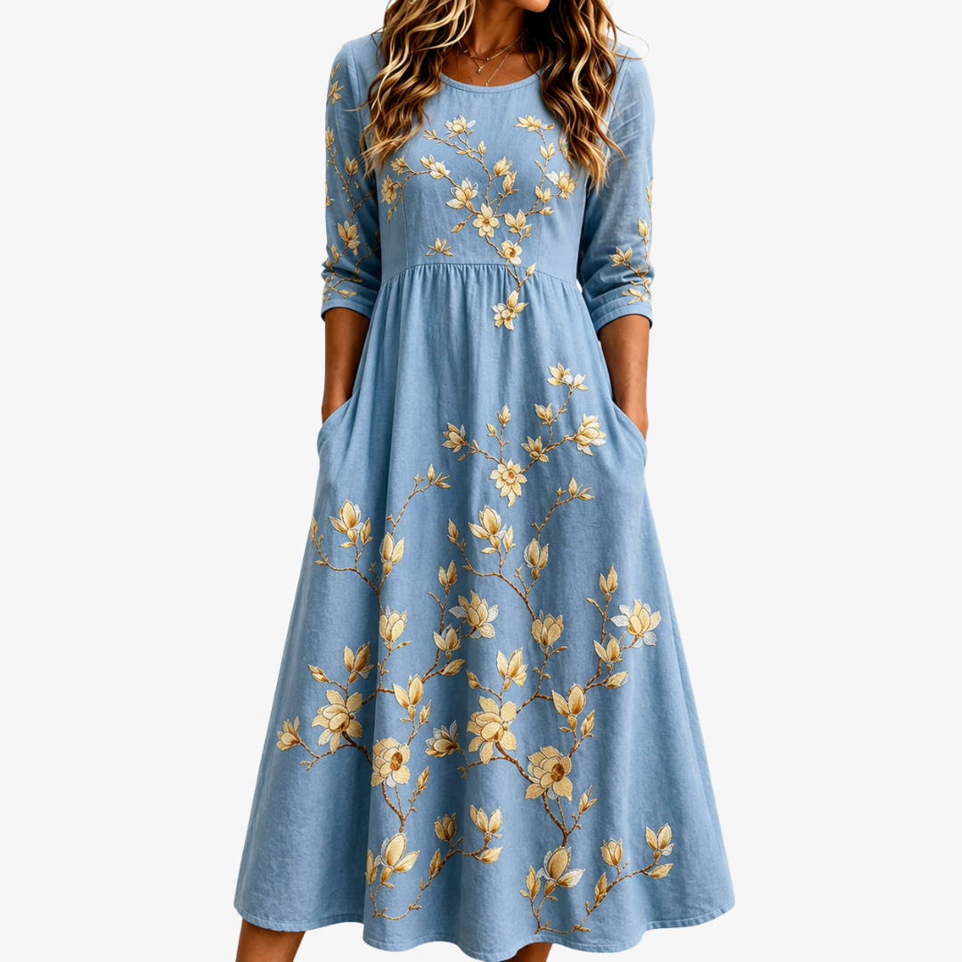 Vestido Midi Azul Campanilla con Bolsillos