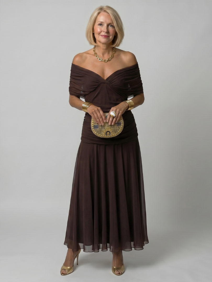 Calen | Vestido Midi Fluido con Hombros al Descubierto