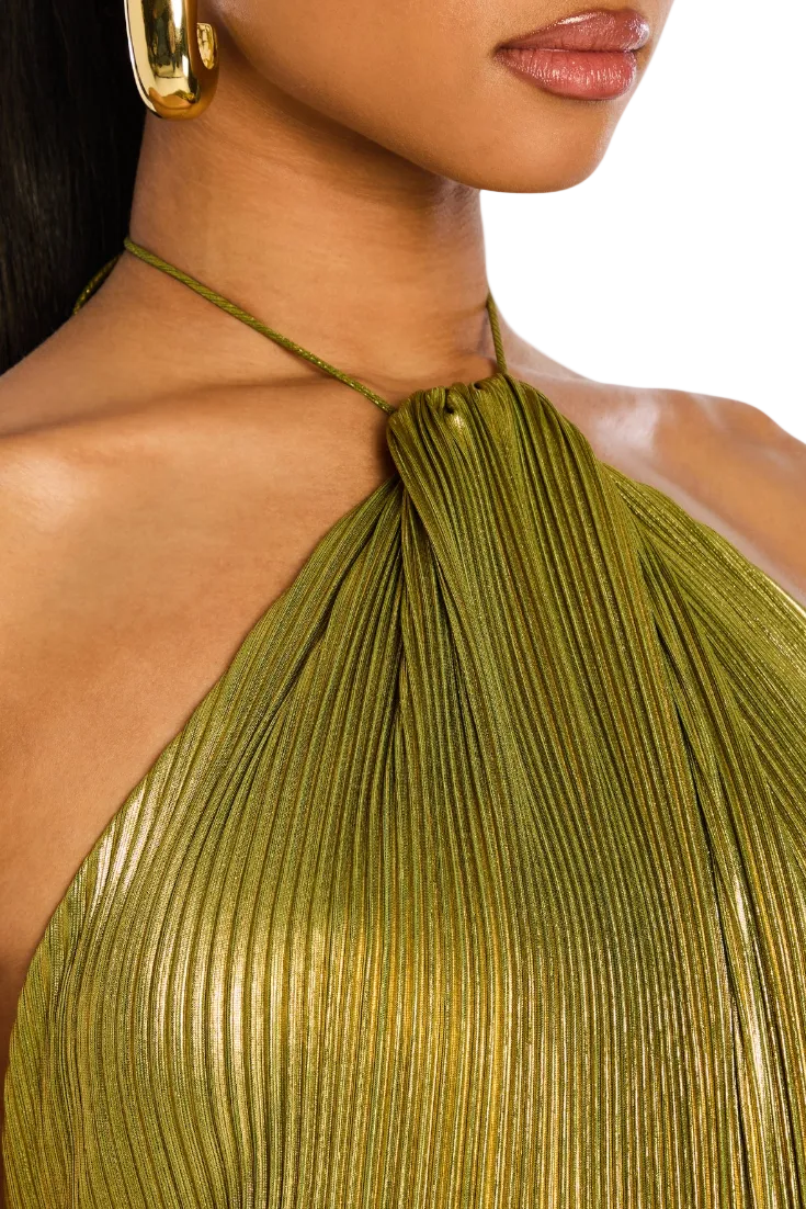 Emma | Vestido halter con espalda abierta y efecto metalizado