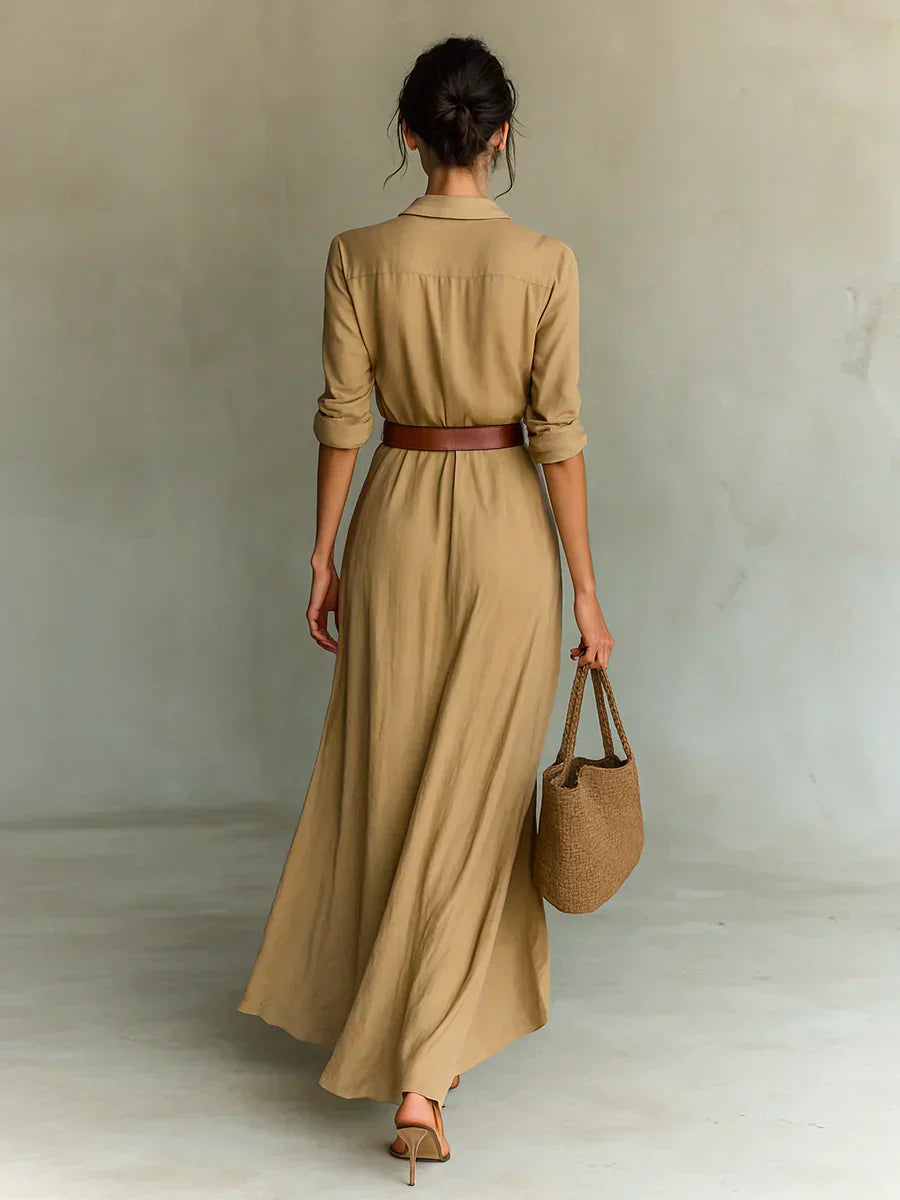Camila™ | Vestido largo con solapa y cinturón en la cintura