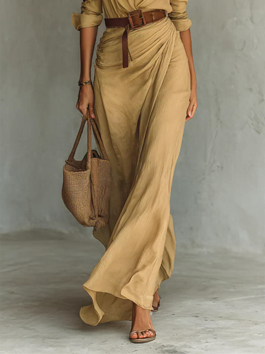 Camila™ | Vestido largo con solapa y cinturón en la cintura
