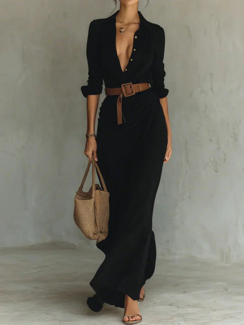 Camila™ | Vestido largo con solapa y cinturón en la cintura