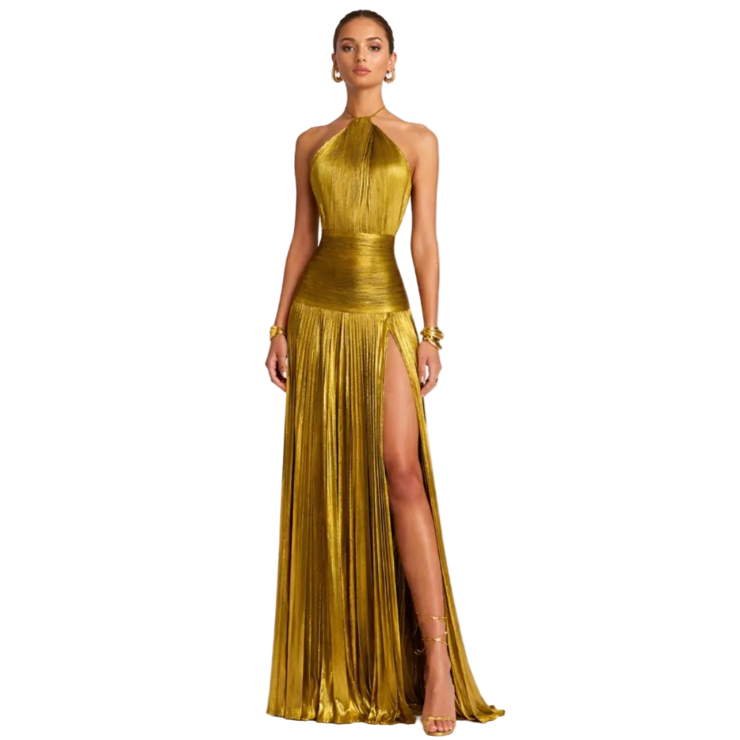 Emma | Vestido halter con espalda abierta y efecto metalizado
