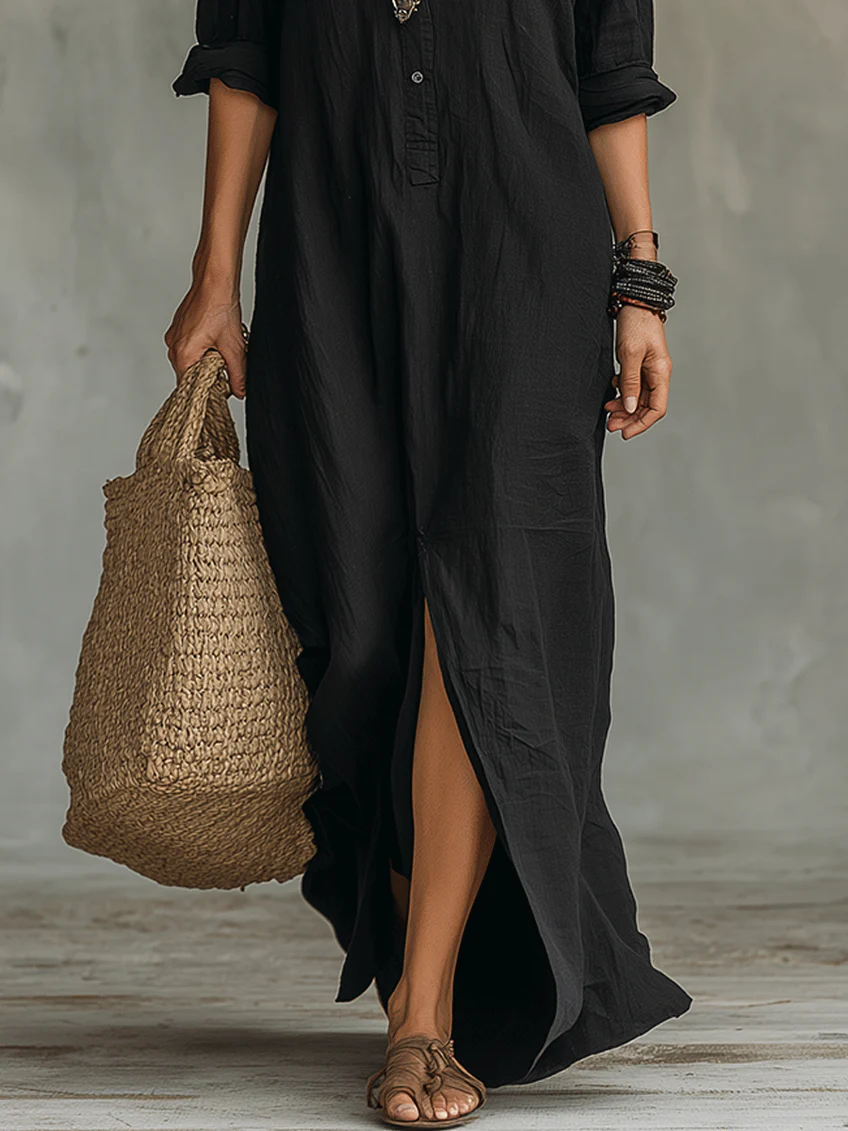 Soline™ | Vestido largo negro tipo maxi con botones