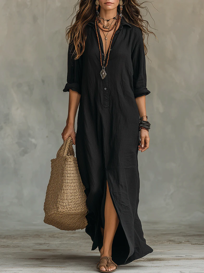 Soline™ | Vestido largo negro tipo maxi con botones