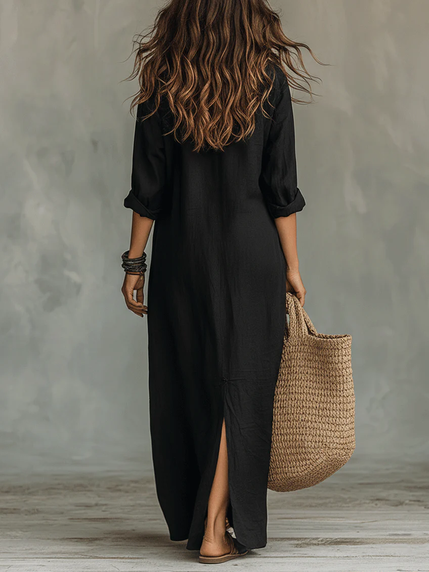 Soline™ | Vestido largo negro tipo maxi con botones