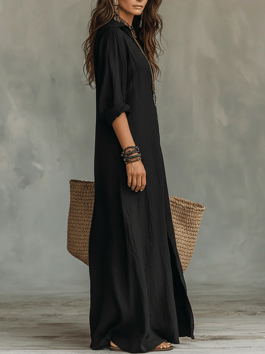 Soline™ | Vestido largo negro tipo maxi con botones