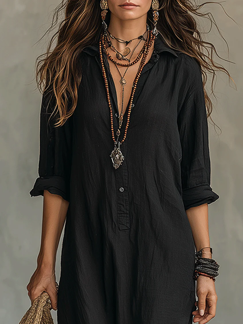 Soline™ | Vestido largo negro tipo maxi con botones