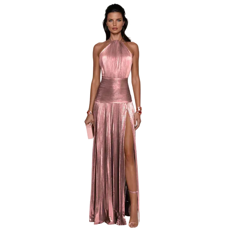 Emma | Vestido halter con espalda abierta y efecto metalizado