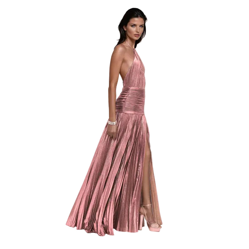Emma | Vestido halter con espalda abierta y efecto metalizado